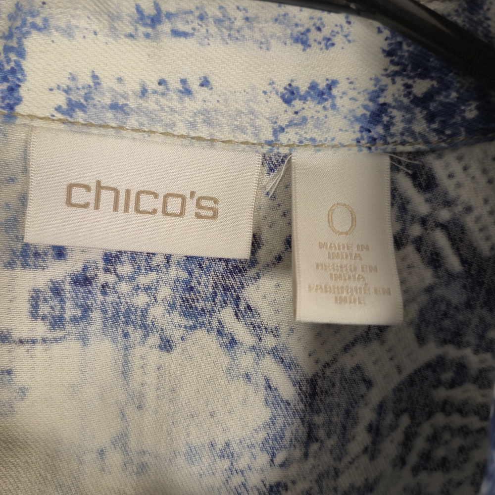 Chico's Beaded Aztec Print Blue Patterned Cropped Trucker Denim Jacket Size XS - Picture 7 of 8